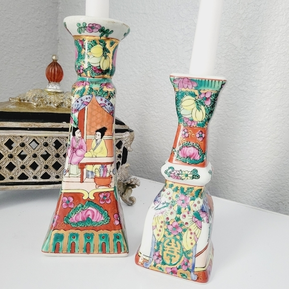 Vintage Yin Lin Art & Treasure of China set  2 candle holders.Asian/Multicolored - Picture 8 of 9